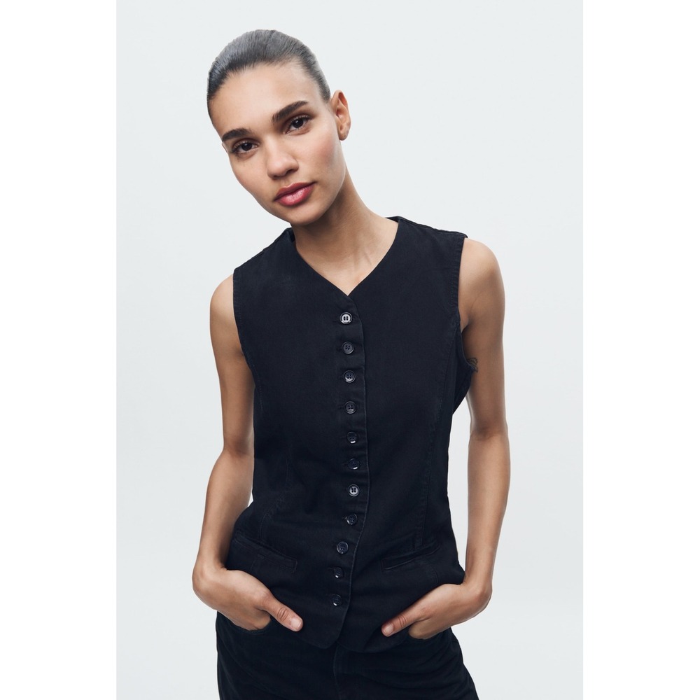 Zara Black Denim Waistcoat Vest Button Front Cinch Back Small 100% Cotton